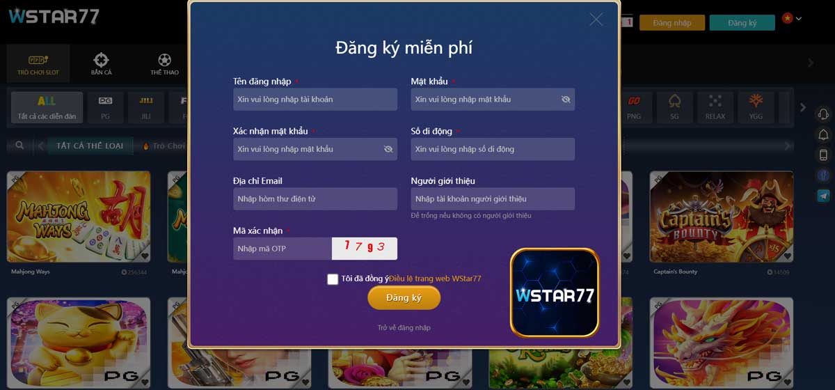 Đăng ký tài khoản Wstar77